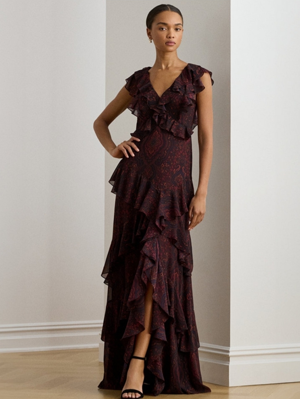 RALPH LAUREN WOMEN'S PAISLEY RUFFLE GEORGETTE GOWN IN  Deep Burgundy SIZE 10 NWT